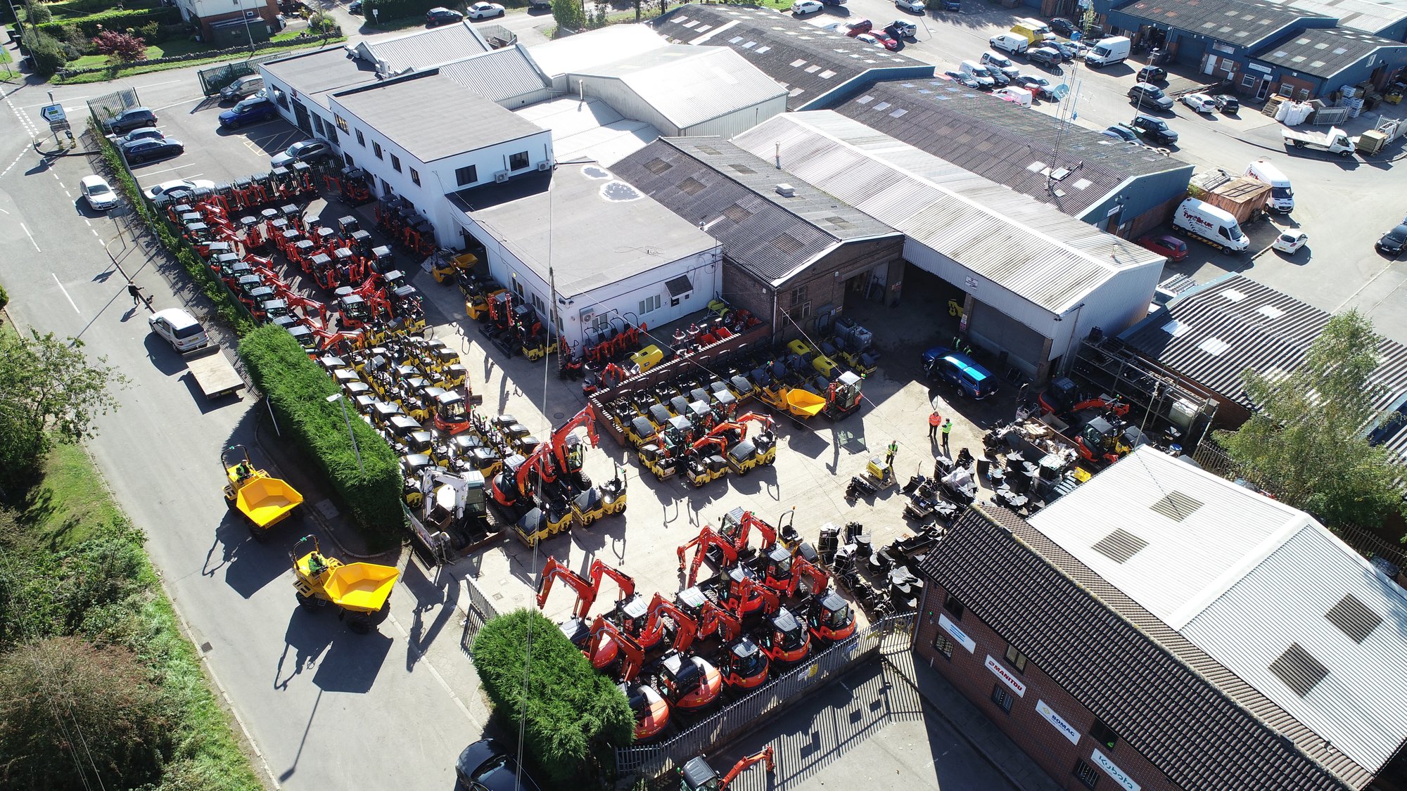 BTE Plant Sales Head Office, Drone shot. Yard full of plant machinery. 